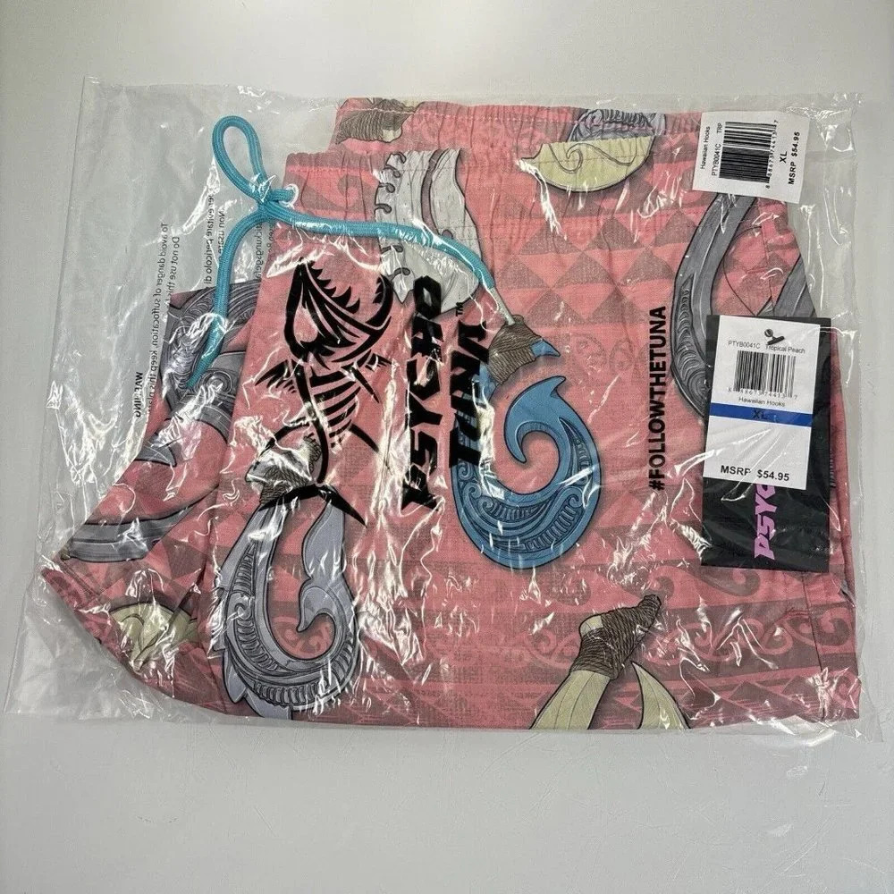 Psycho Tuna Blush Pink Hawaiian Hooks Print Board Shorts Swim Trunks XL NWT - Picture 3 of 7